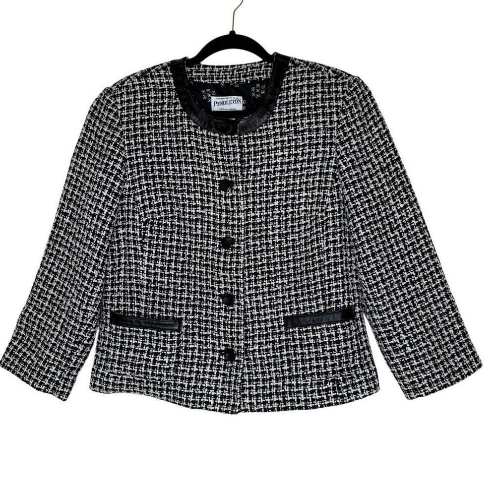 Vintage Pendleton Jacket Black/White Silk Tweed, Silk Lining, Leather Trim Sz 10